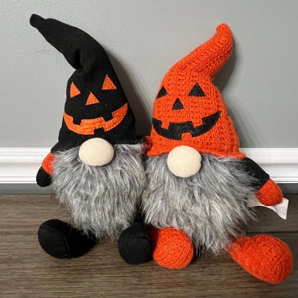 Halloween Gnomes Plush Set 2 Jack-O-Lantern Pumpkin Knit Holiday Decor 12 Inch‎